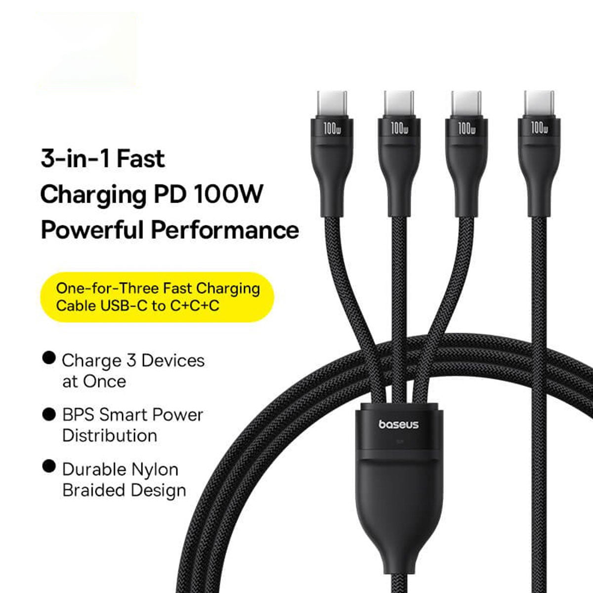Baseus Flash Series III One-For-Three Fast Charging Cable USB-C to C+C+C 100W 1.5m (Cluster Black)