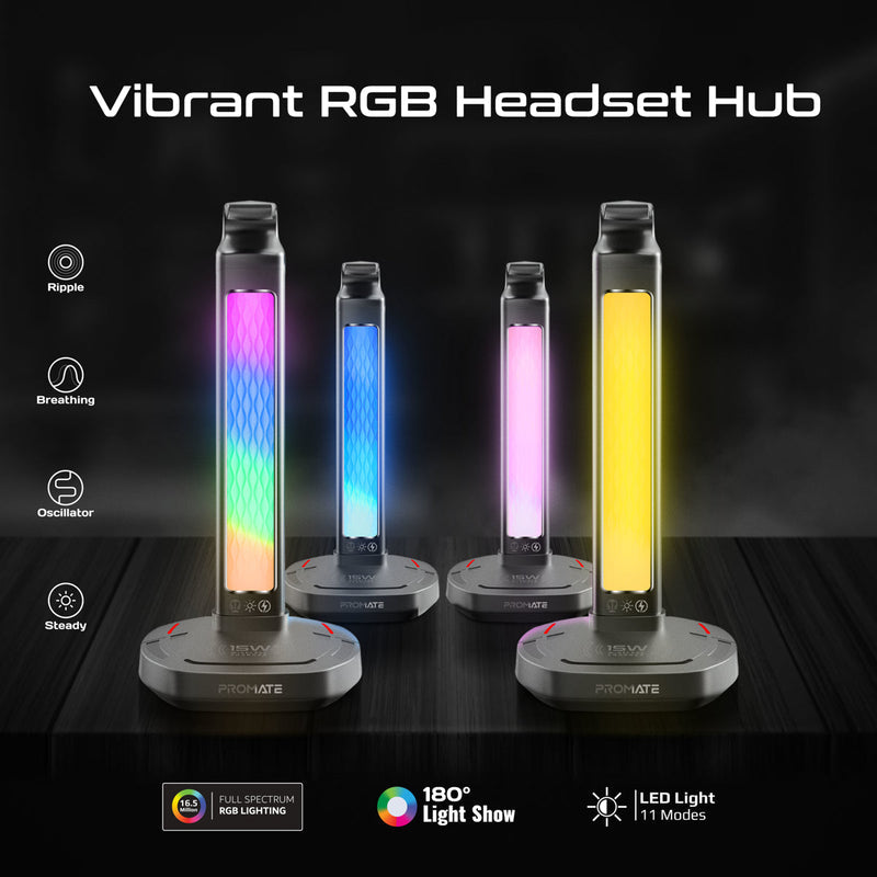 Promate FortX Multifunctional RGB Headset Stand with 15W Wireless Charger & USB Hub