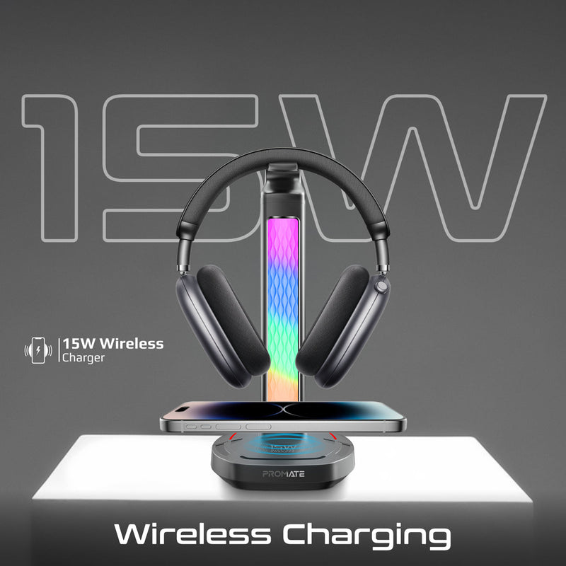 Promate FortX Multifunctional RGB Headset Stand with 15W Wireless Charger & USB Hub