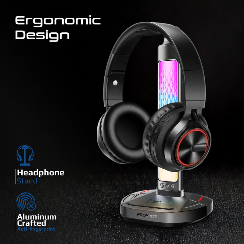 Promate FortX Multifunctional RGB Headset Stand with 15W Wireless Charger & USB Hub