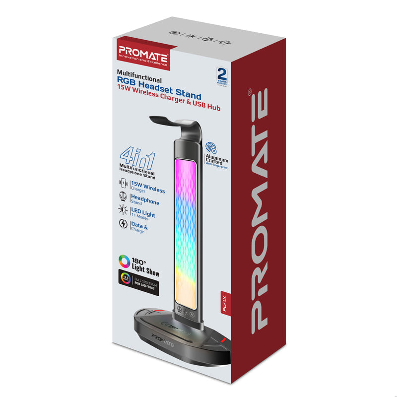 Promate FortX Multifunctional RGB Headset Stand with 15W Wireless Charger & USB Hub