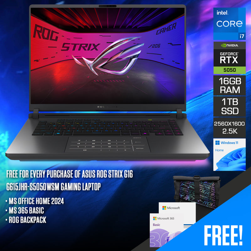 Asus ROG Strix G16 G615JHR-S5050WSM Gaming Laptop | 16" 2.5K (2560x1600) 240Hz IPS | Core i7-14650HX | 16GB RAM | 1TB SSD | RTX 5050 | Windows 11 Home | MS Office 2024 + MS 365 Basic + ROG Backpack