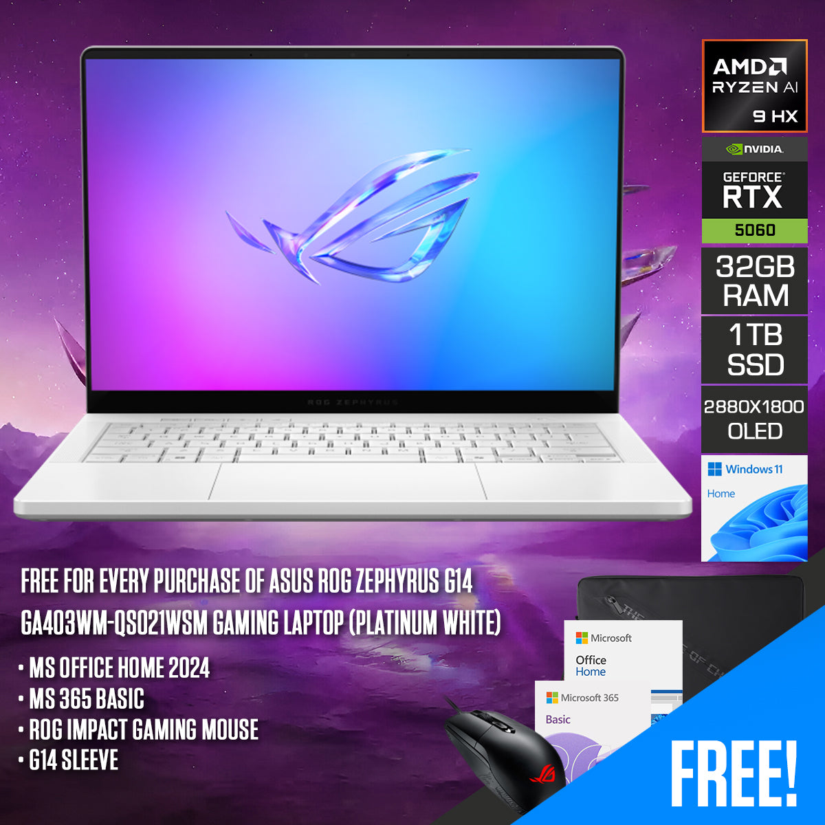 Asus ROG Zephyrus G14 GA403WM-QS021WSM Gaming Laptop (Platinum White)