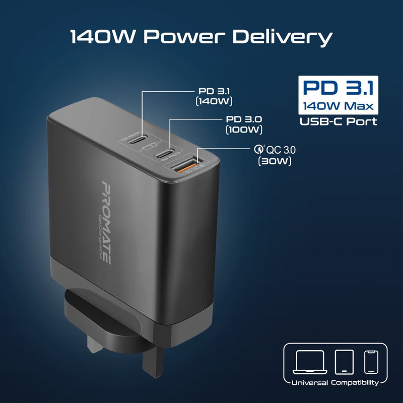 Promate GaNCharge-140W 140W Power Delivery 3.1 GaN Charger (Black)