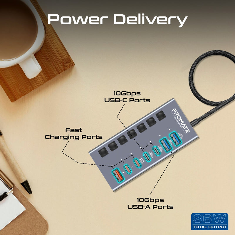 Promate GegaHub-10G 7-in-1 36W Type-C High Speed Multi-Ports 10Gbps Data & Charging Hub