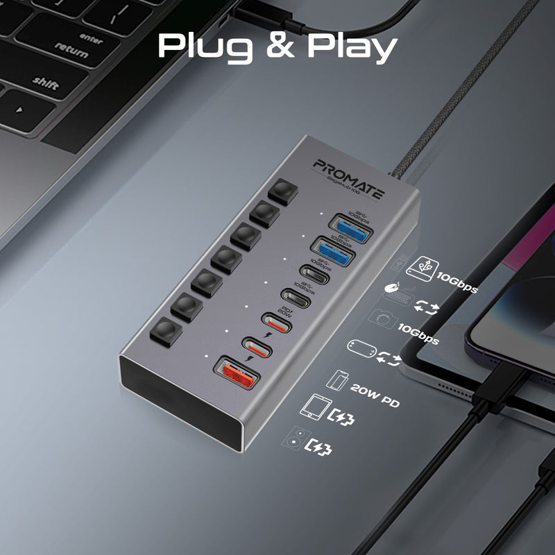 Promate GegaHub-10G 7-in-1 36W Type-C High Speed Multi-Ports 10Gbps Data & Charging Hub