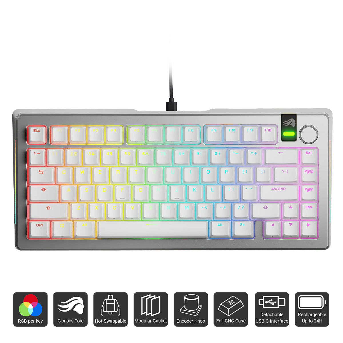 Glorious GMMK 3 Pro 75% Prebuilt Wireless Mechanical Gaming Keyboard (Silver) (GLO-KB-GMMK3-PRO-75-PB-FOX-WL-SIL-US)
