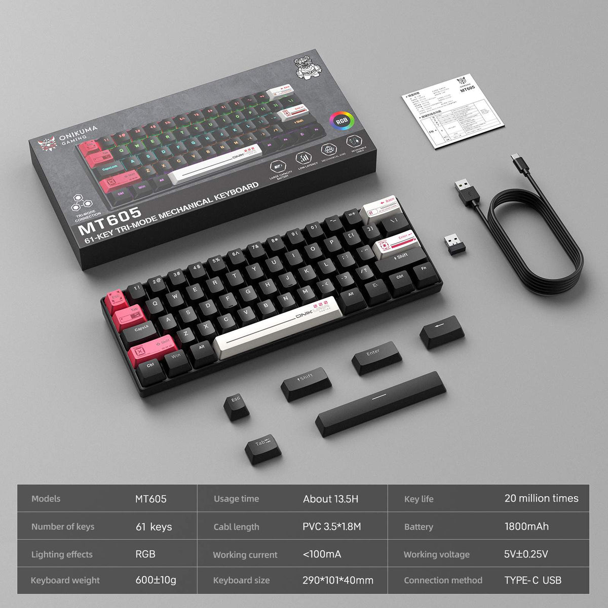 Onikuma MT605 Tri-Mode RGB 61 Keys Mechanical Keyboard (Black) 