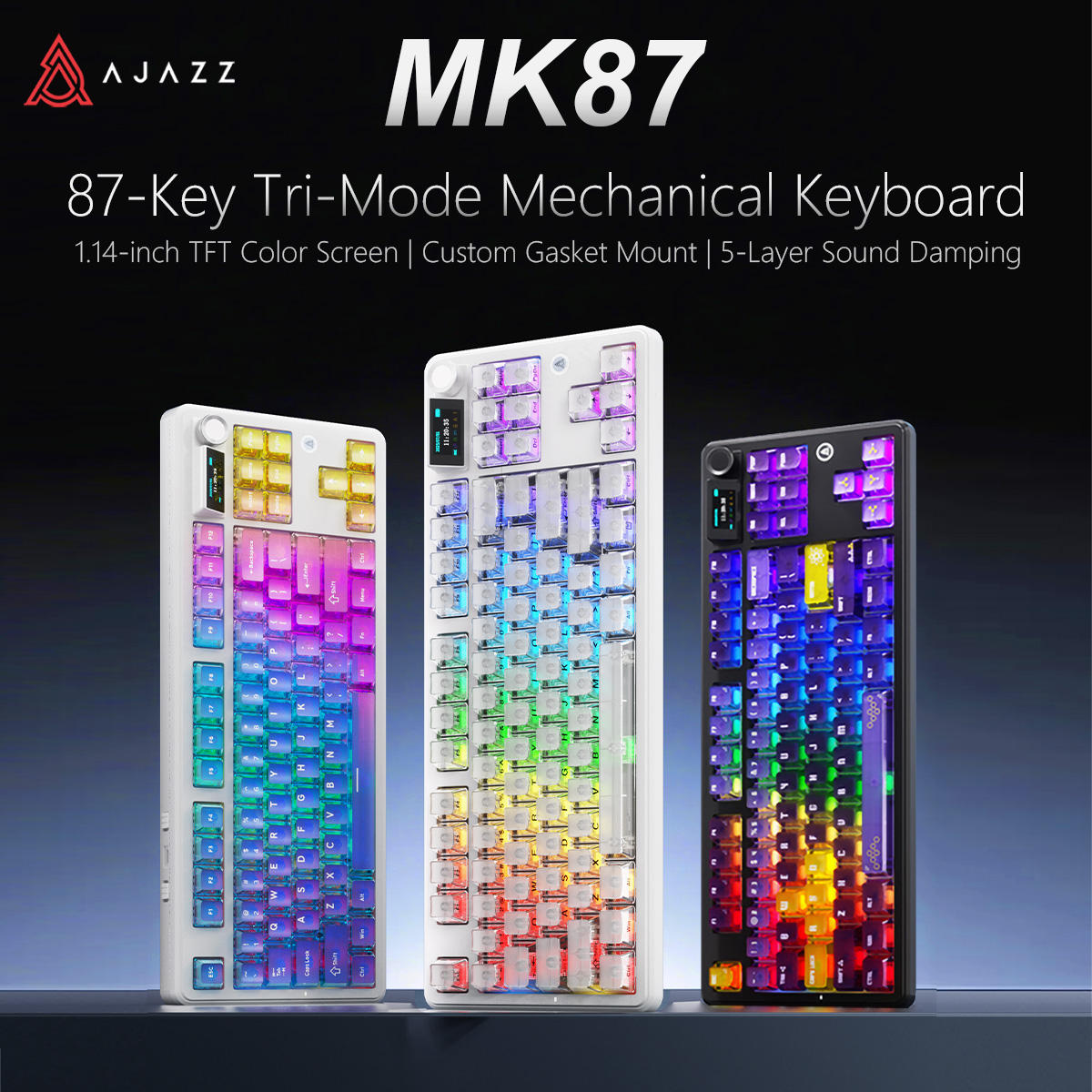 Ajazz MK87 Pro RGB Tri-Mode Mechanical Keyboard (Transparent Gradient Blue-Purple Pink-Orange)