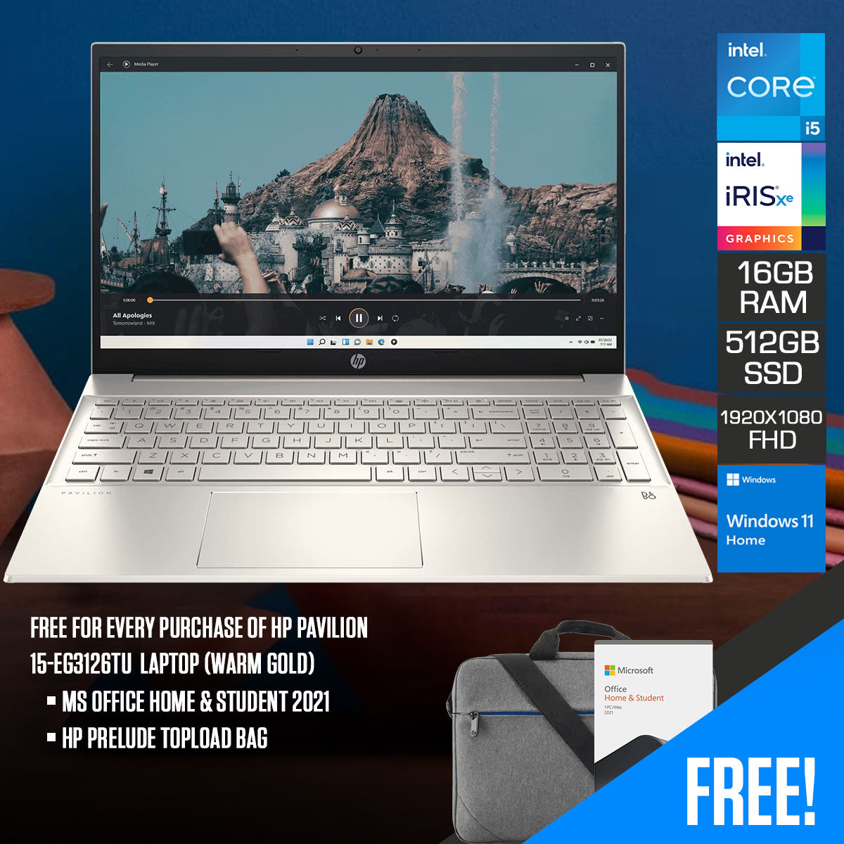 HP Pavilion 15-EG3126TU Laptop (Warm Gold) | 15.6" FHD (1920x1080) | i5-1335U | 16GB RAM | 512GB SSD | Intel Iris Xe | Windows 11 Home | MS Office Home & Student 2021 | HP Prelude Topload Bag