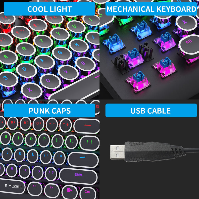 E-Yooso K-600 Retro Rainbow Light 104 Keys Wired Mechanical Keyboard