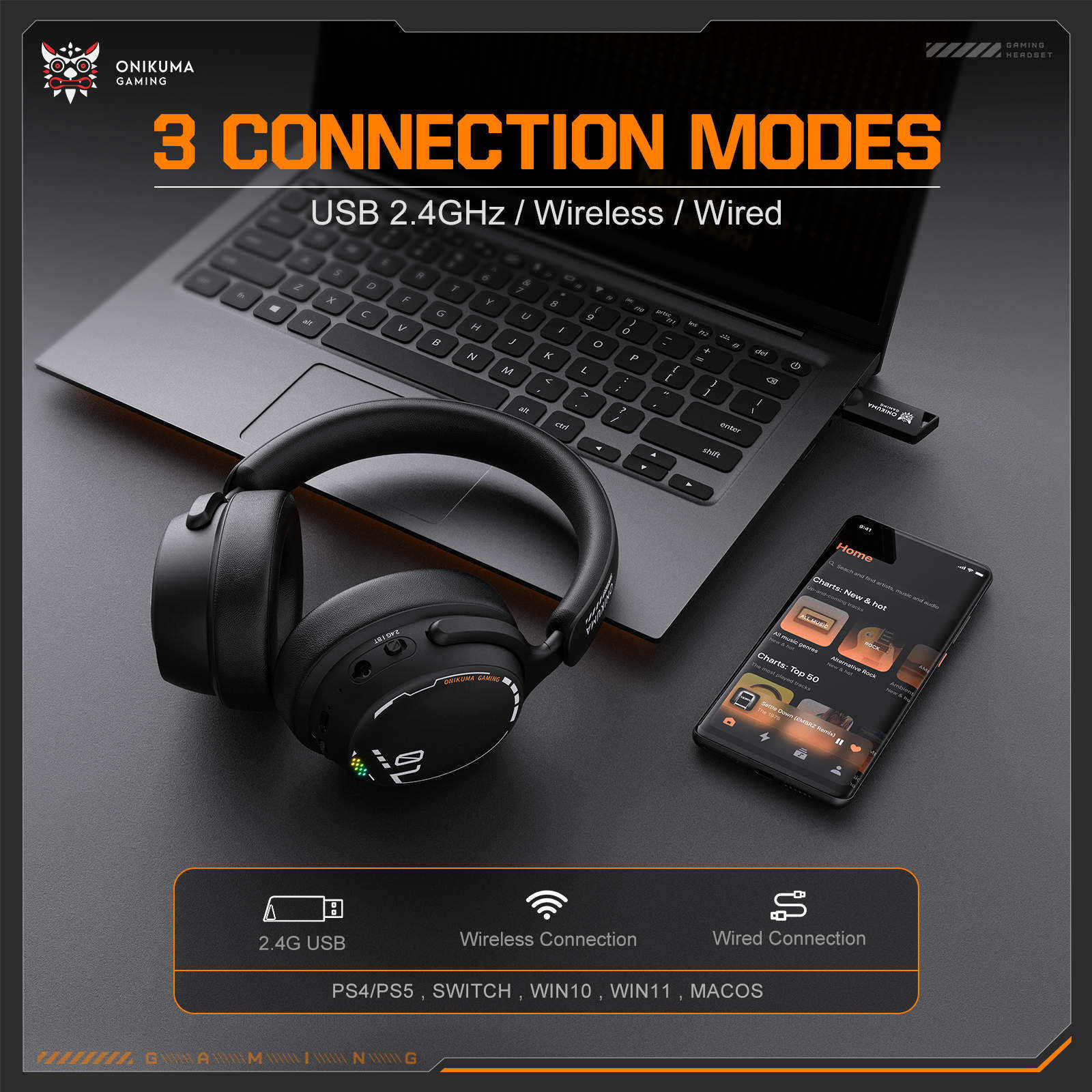 Onikuma GT886 Tri-Mode Gaming Headset (Black)