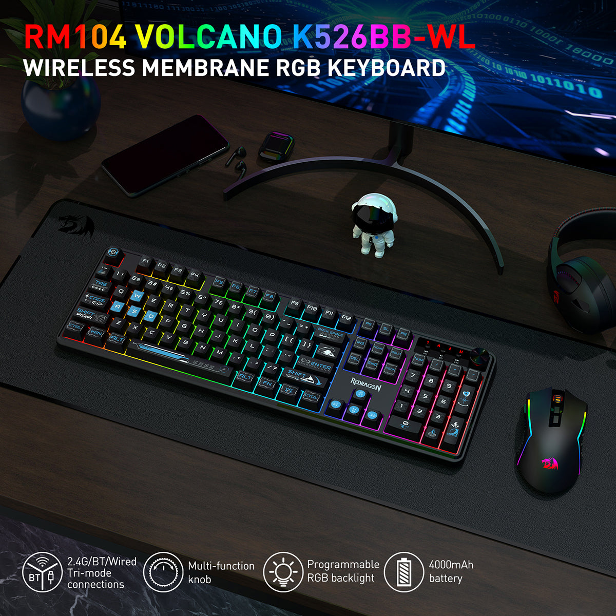 Redragon RM104 Pro Volcano Tri-Mode 104-key Wireless RGB Membrane Mechanical Gaming Keyboard