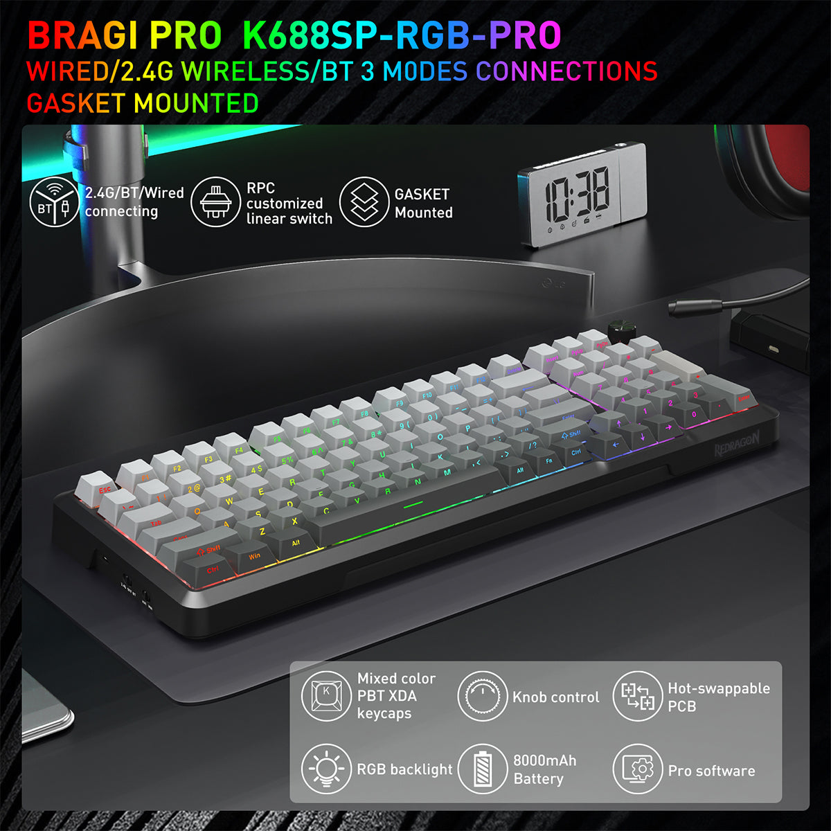 Redragon Bragi Pro Tri-Mode Wireless RGB Mechanical Keyboard (Gradient Gray) (K688SP-RGB-PRO)