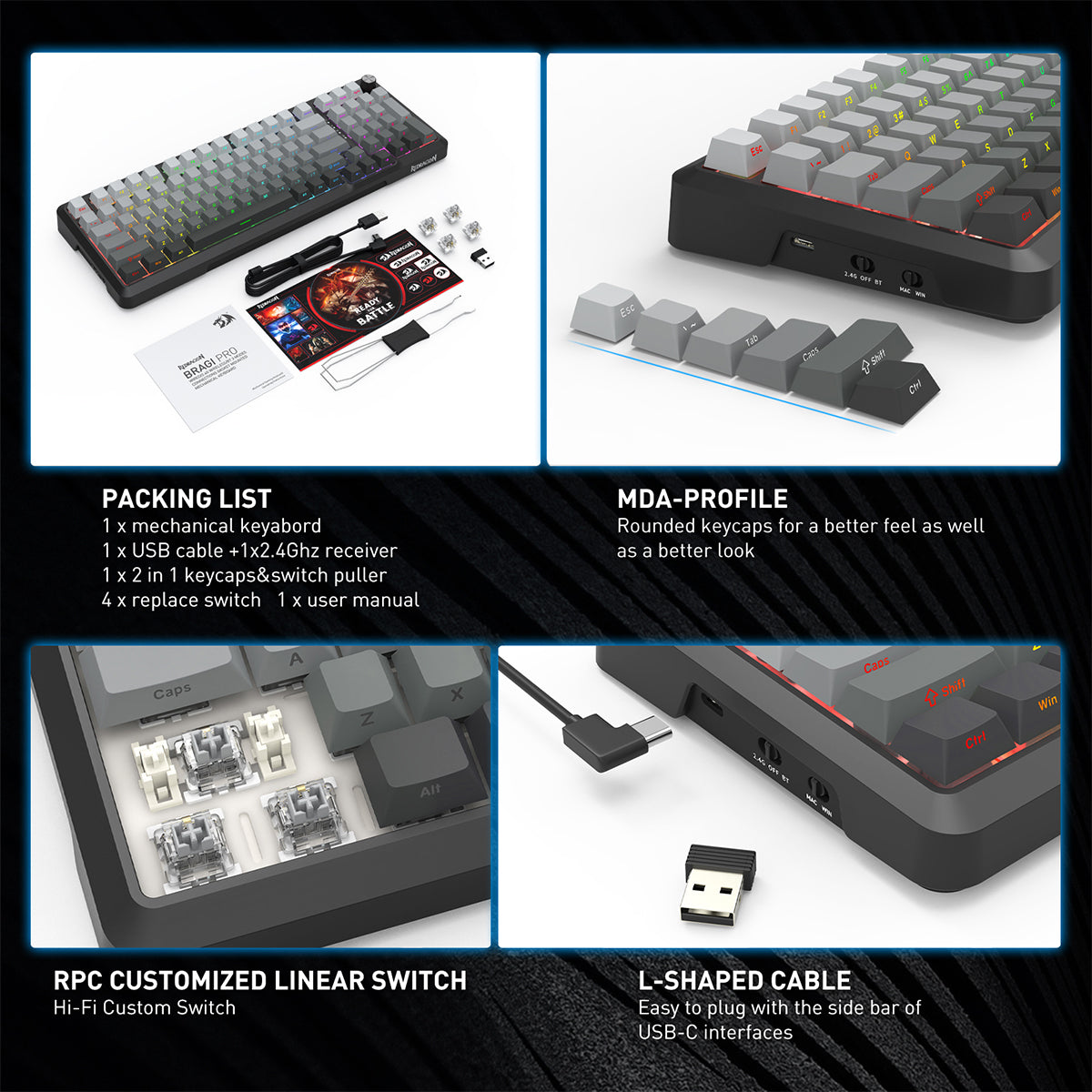 Redragon Bragi Pro Tri-Mode Wireless RGB Mechanical Keyboard (Gradient Gray) (K688SP-RGB-PRO)