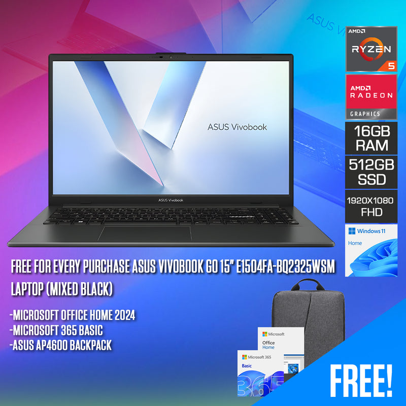 Asus Vivobook Go 15" E1504FA-BQ2325WSM Laptop (Mixed Black) | 15.6 FHD (1920x1080) | Ryzen 5 7520U | 16GB RAM | 512GB SSD | AMD Radeon Graphics | Windows 11 Home | Microsoft Office Home 2024 + Microsoft 365 Basic + Asus AP4600 Backpack