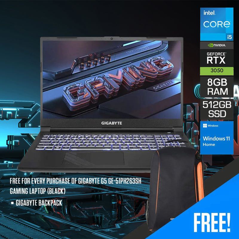 Gigabyte G5 GE-51PH263SH Gaming Laptop (Black) | 15.6" FHD | i5-12500H | 8GB RAM | 512GB SSD | RTX 3050 | Windows 11 Home | Gigabyte Backpack - DataBlitz