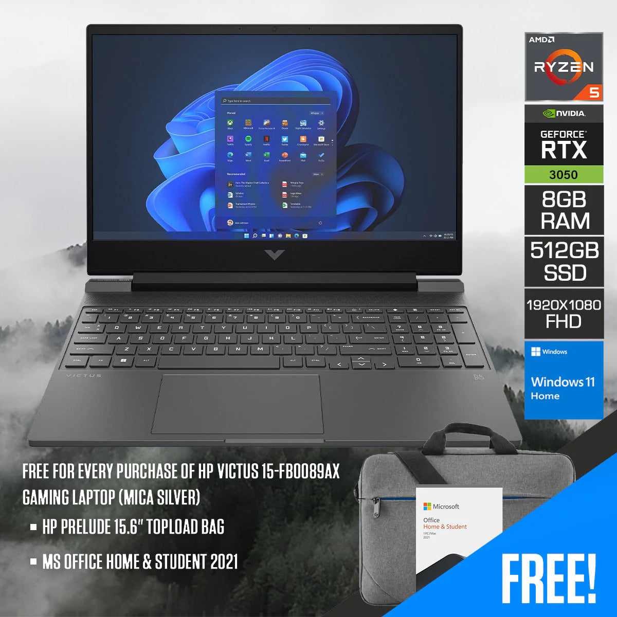 HP Victus 15-FB0089AX Gaming Laptop (Mica Silver) | 15.6" FHD (1920 x 1080) | Ryzen™ 5 5600H | 8GB RAM | 512GB SSD | RTX™ 3050 | Windows11 | MS Office H&S 2021 | HP Prelude 15.6" Topload Bag - DataBlitz