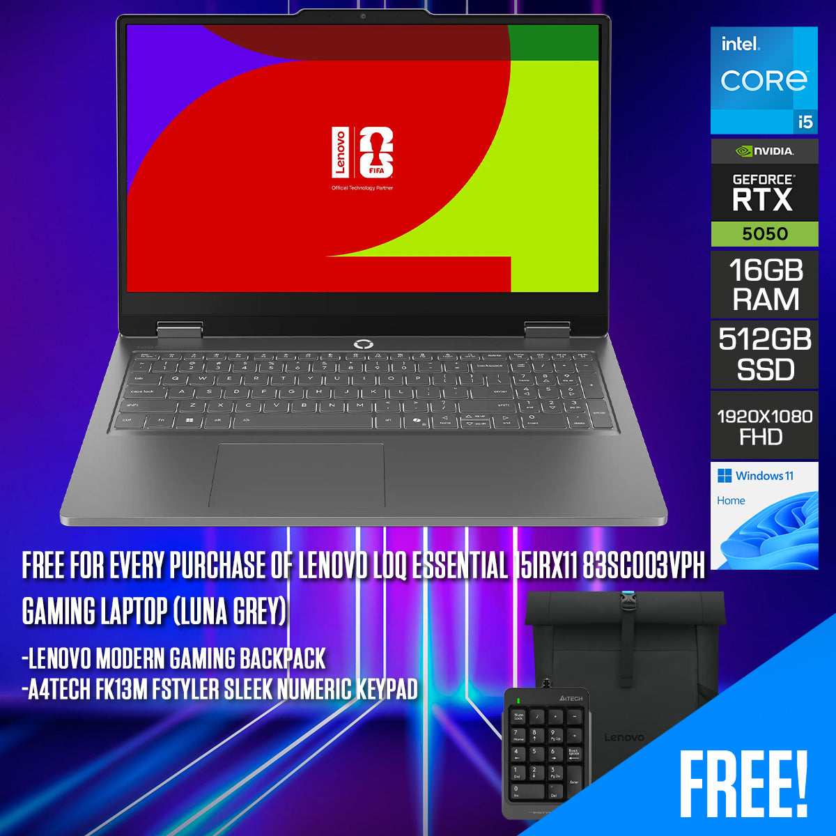 Lenovo LOQ Essential 15IRX11 83SC003VPH Gaming Laptop (Luna Grey) | 15.6" FHD (1920x1080) IPS 144Hz | Core i5-13450HX | 16GB RAM | 512GB SSD | RTX 5050 8GB | Windows 11 Home | Lenovo Modern Gaming Backpack + A4Tech FK13M Fstyler Sleek Numeric Keypad