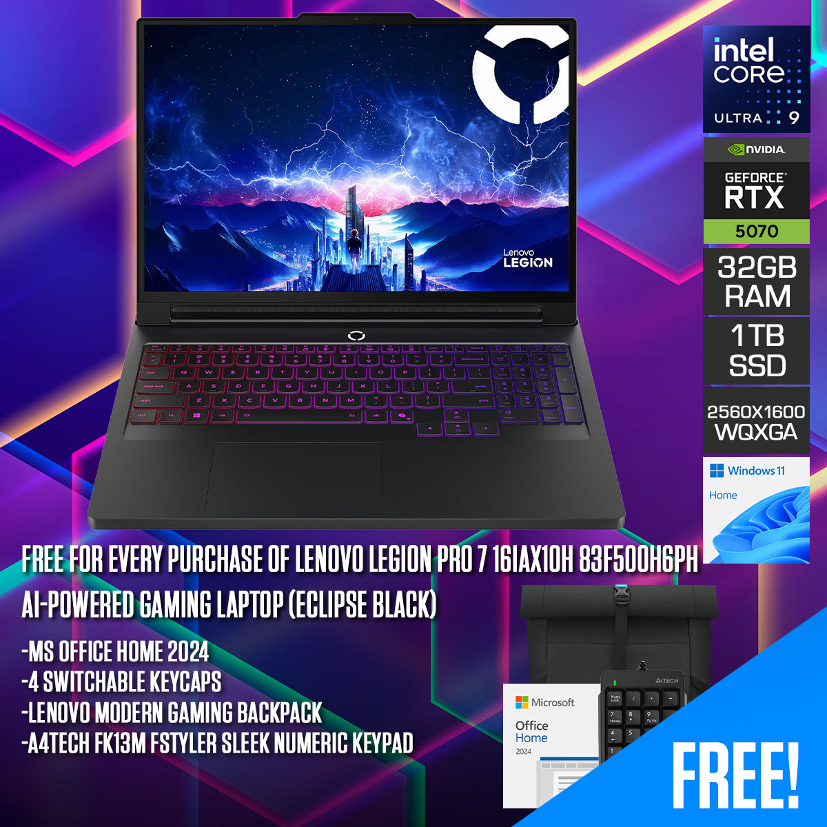 Lenovo Legion Pro 7 16IAX10H 83F500H6PH AI-Powered Gaming Laptop (Eclipse Black) | 16" WQXGA (2560x1600) OLED 240Hz|Core Ultra 9 275HX|32GB RAM|1TB SSD|RTX 5070 Ti 12GB|Win11 Home|MS Office Home 2024+4 Switchable Keycap+Legion Gaming Backpack+A4Tech FK13M