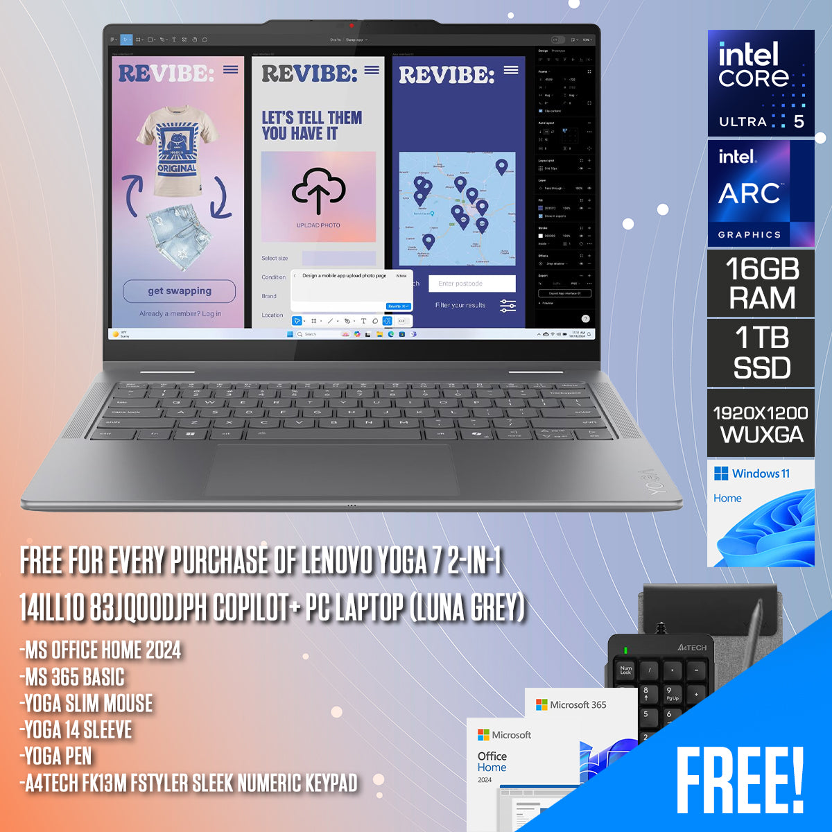 Lenovo Yoga 7 2-in-1 14ILL10 83JQ00DJPH Copilot+ PC Laptop (Luna Grey) | 14" WUXGA (1920x1200) OLED Touch | Core Ultra 5 | 16GB RAM | 1TB SSD | Intel Arc | Win11 Home | MS Office Home 2024 + MS 365 Basic+ Mouse+ Sleeve+ Pen+ A4Tech Fstyler Numeric Keypad
