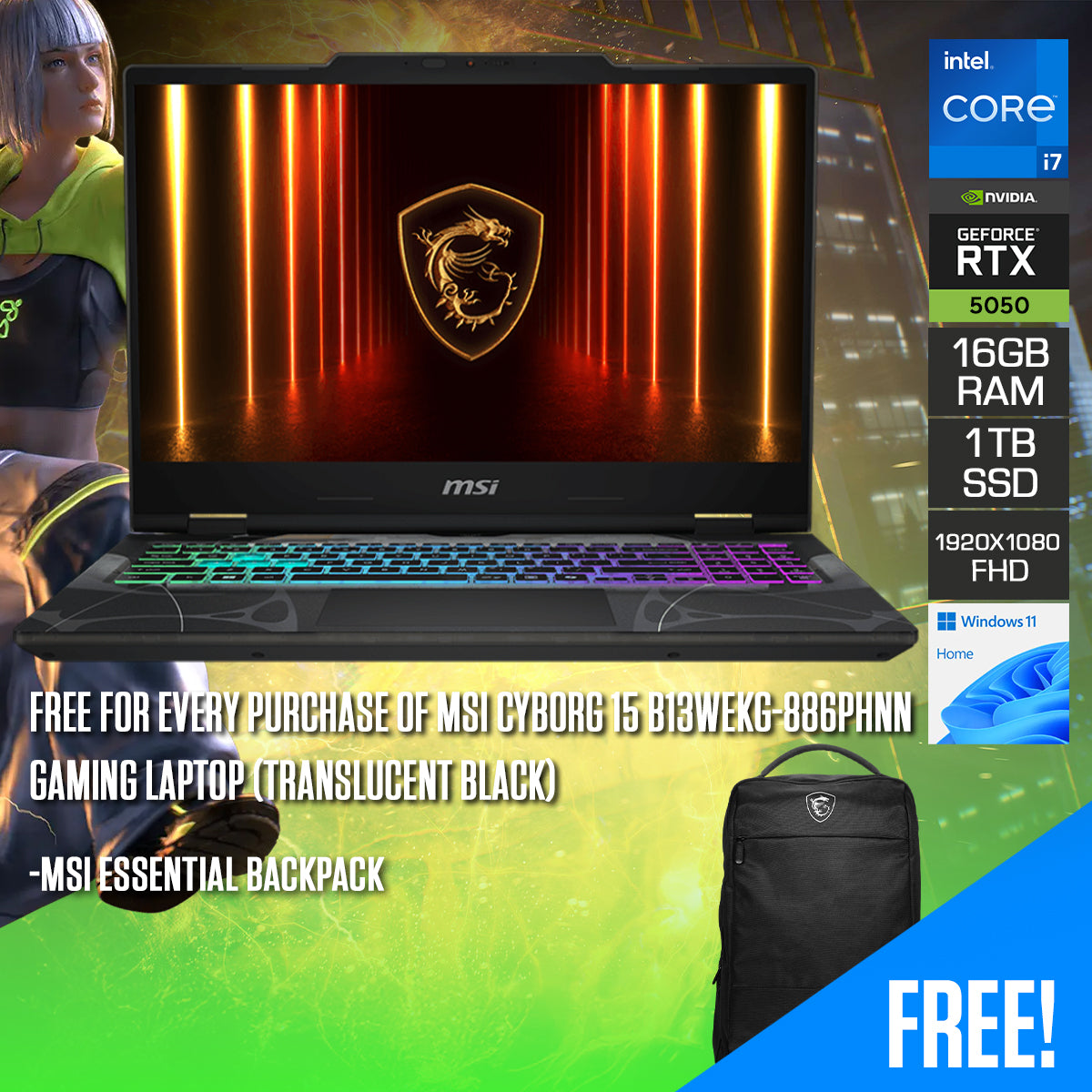 MSI Cyborg 15 B13WEKG-886PHNN Gaming Laptop (Translucent Black) | DataBlitz
