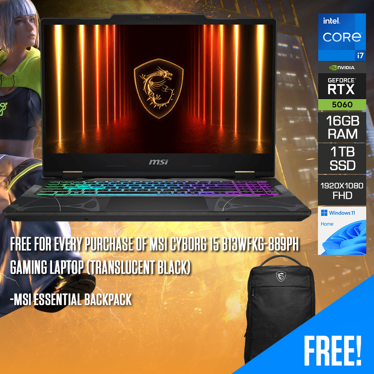 MSI Cyborg 15 B13WFKG-889PH Gaming Laptop (Translucent Black) | DataBlitz