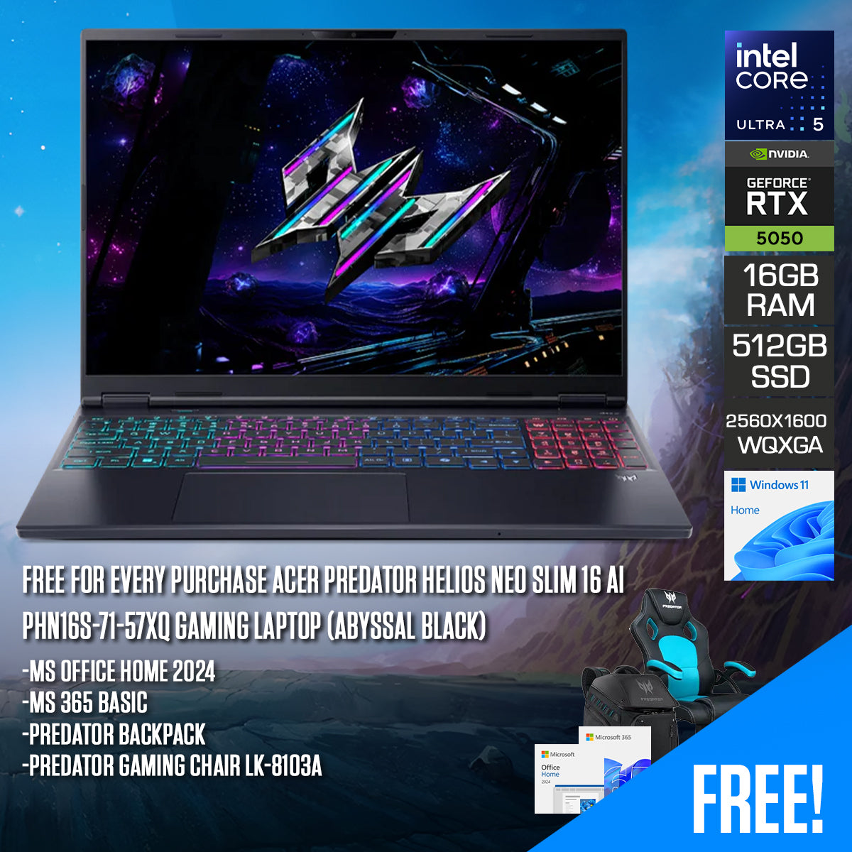 Acer Predator Helios Neo Slim 16 AI PHN16S-71-57XQ Gaming Laptop (Abyssal Black) | DataBlitz