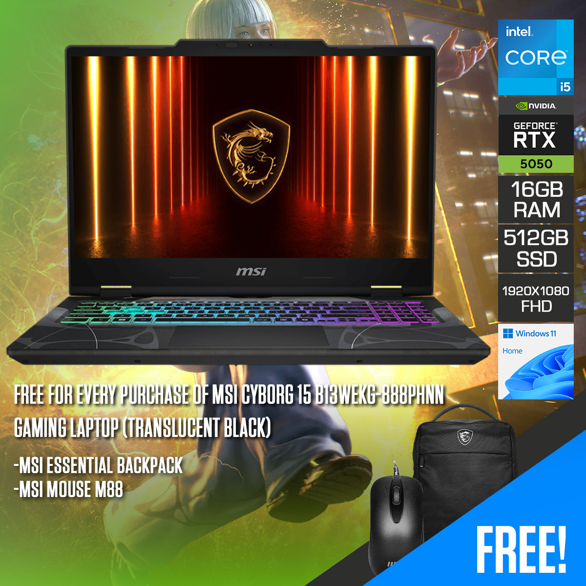 MSI Cyborg 15 B13WEKG-888PHNN Gaming Laptop (Translucent Black) | 15.6" FHD (1920x1080) 144Hz IPS | Core i5-13420H | 16GB RAM | 512GB SSD | RTX 5050 | Windows 11 Home | MSI Essential Backpack + MSI Mouse M88