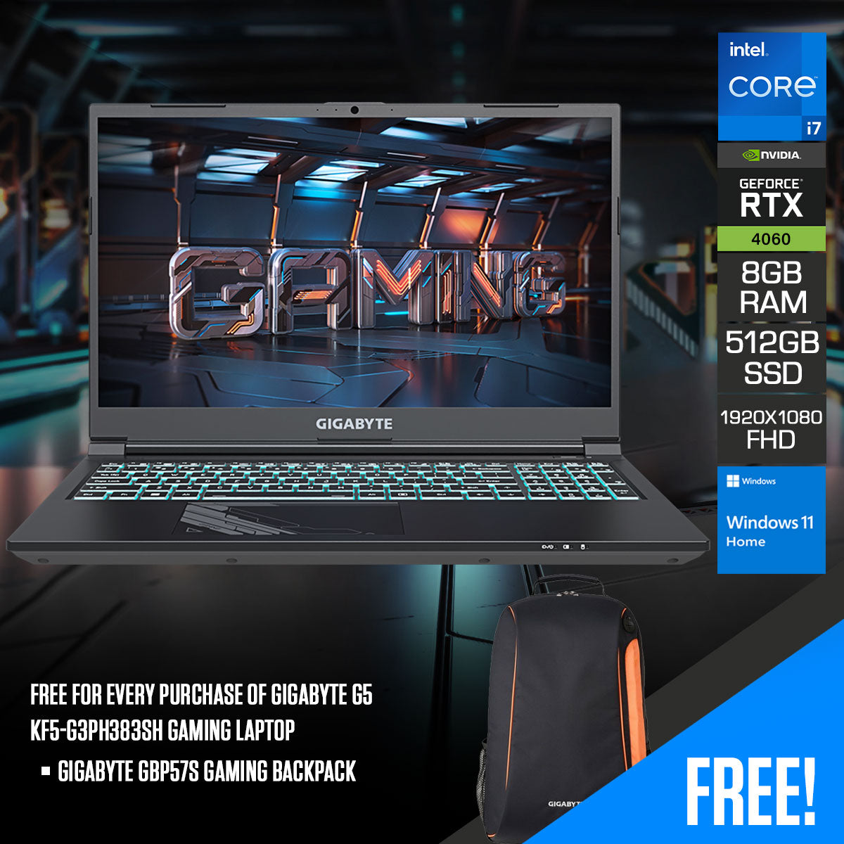 Gigabyte G5 KF5-G3PH383SH Gaming Laptop | 15.6" (1920X1080) 144Hz FHD | i7-12650H 4.7GHZ | 8GB RAM (Max 64GB) | 512GB SSD | GeForce RTX 4060 | 15-Color Illuminated Full Size Keyboard W/ Numpad | Windows 11 Home | Gigabyte GBP57S Gaming Backpack