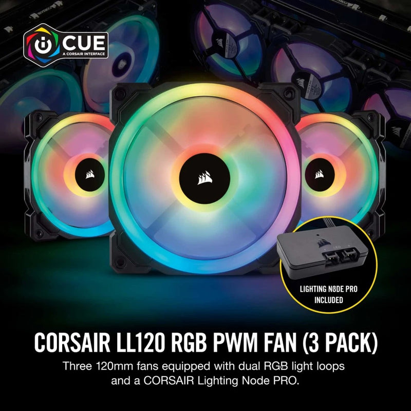 Corsair LL120 RGB 120MM Dual Light Loop LED PWM Fan With Lighting Node Pro (Black) (Triple Pack)