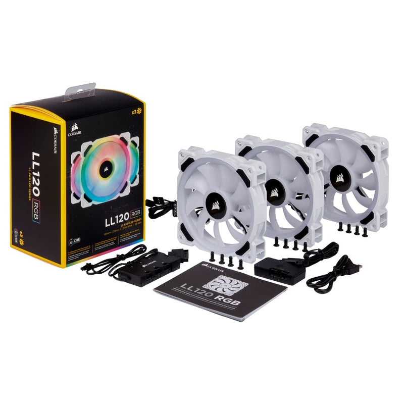 Corsair LL120 RGB 120MM Dual Light Loop LED PWM Fan With Lighting Node Pro (White) (Triple Pack)