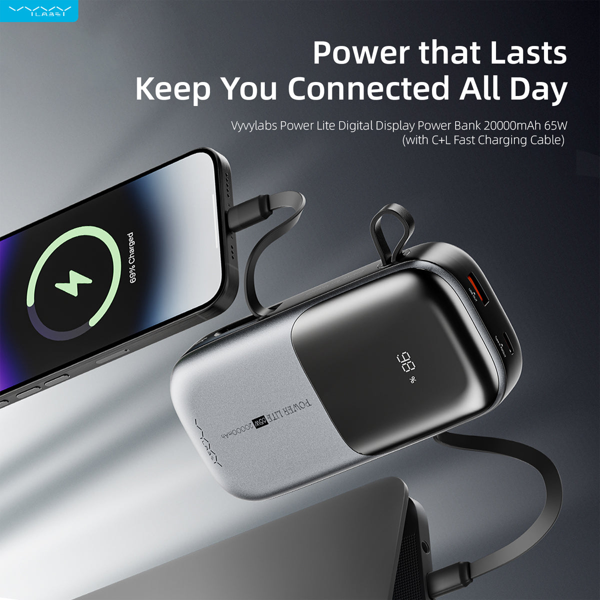 Vyvylabs Power Lite Digital Display Power Bank 20000mAh 65W with C+L Fast Charging Cable