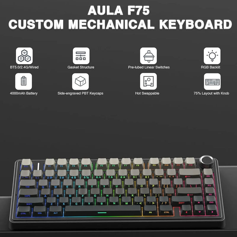 Aula F75 RGB Tri-Mode Type-C 75% 80-Key Gasket Structure Hot-Swap Mechanical Gaming Keyboard