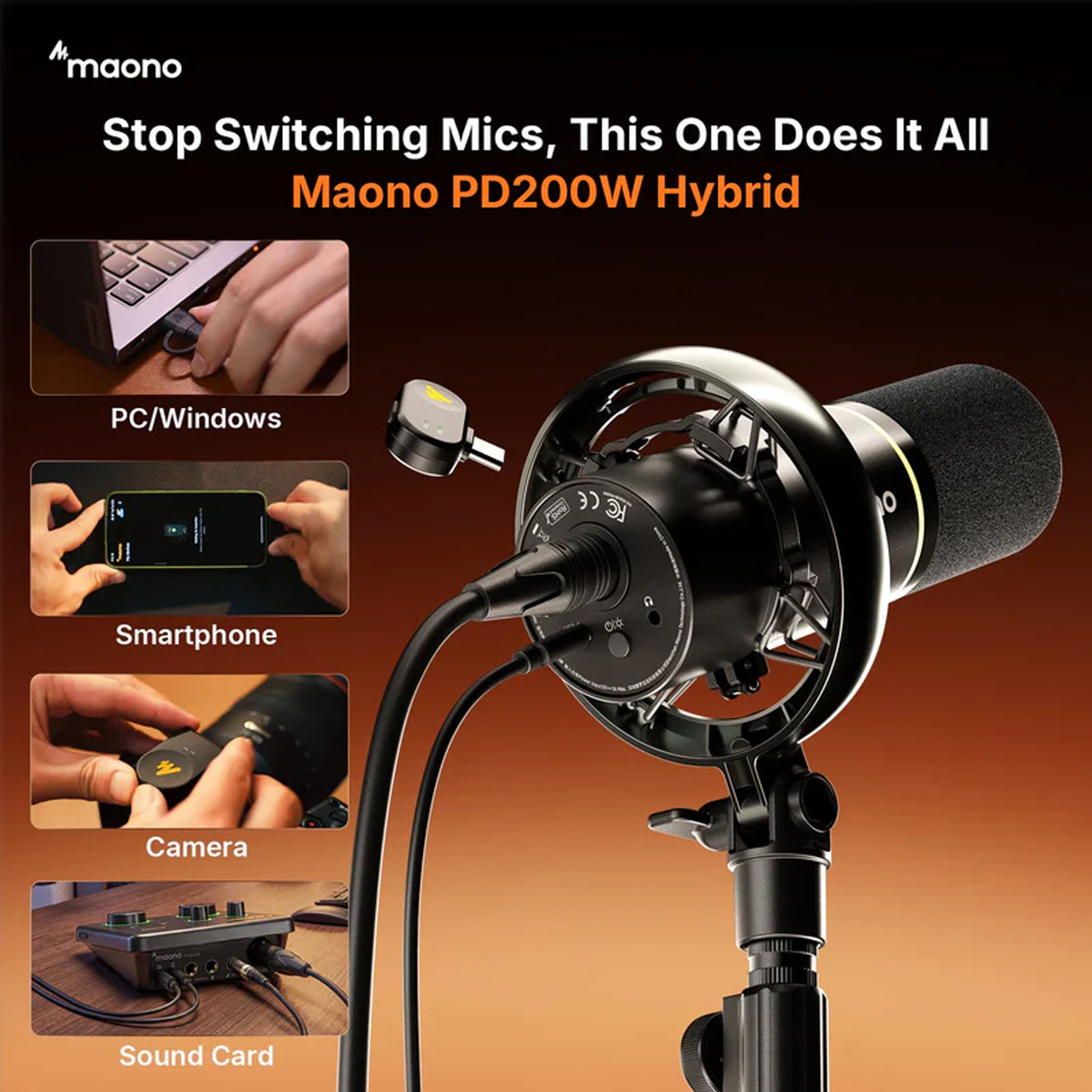 Maono PD200WT Hybrid Podcast Dynamic Wireless RGB Microphone (Black)