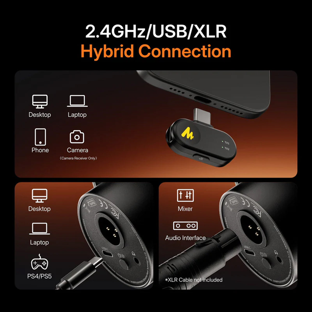 Maono PD200WT Hybrid Podcast Dynamic Wireless RGB Microphone (Black)