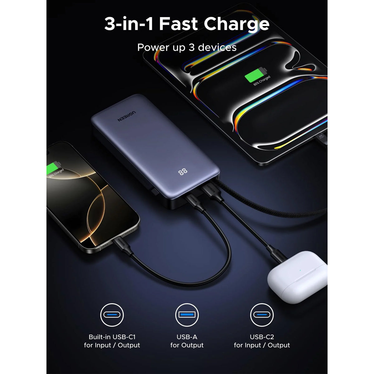 Ugreen Nexode 20000mAh 45W Power Bank with Built-in USB-C Cable - 0.5m (Gray) (PB536/55988C)