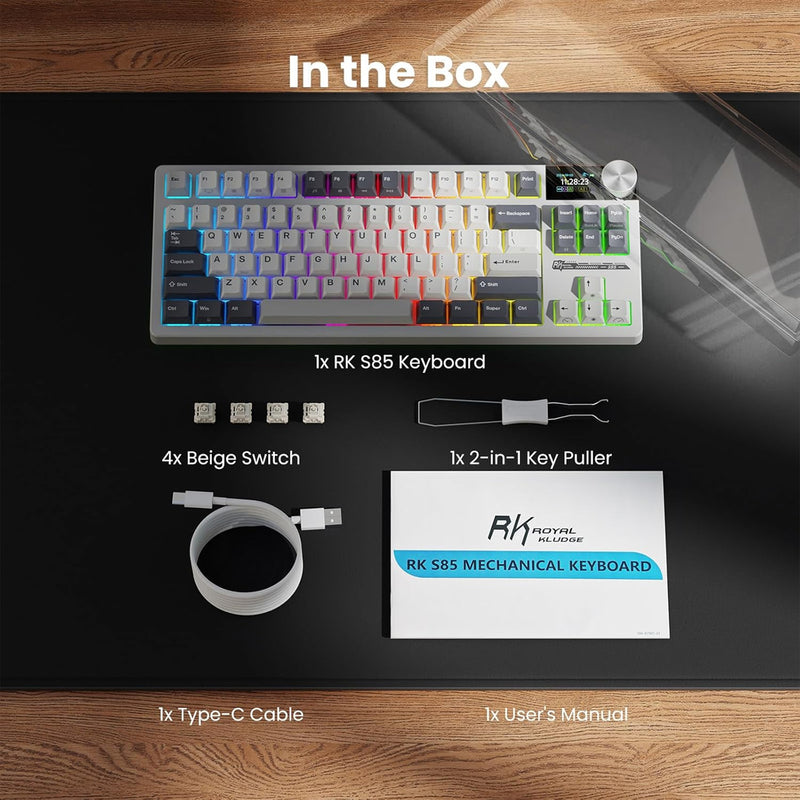 Royal Kludge RK-S85 Tri-Mode RGB 85 Keys Hot Swappable Mechanical Keyboard White Night