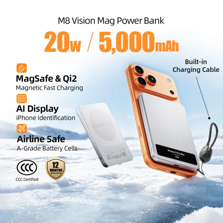 Sharge Smart Magnetic Power Bank 5000mAh 20W USB-C 15W Qi2 MagSafe (Silver) (M8)