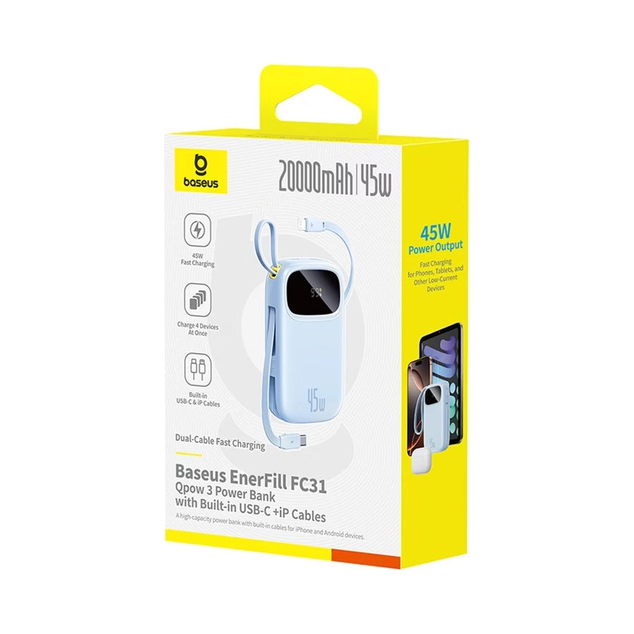 Baseus EnerFill FC31 Qpow 3 Digital Display Power Bank with Built-in USB-C + iP Cable 20000mAh 45W