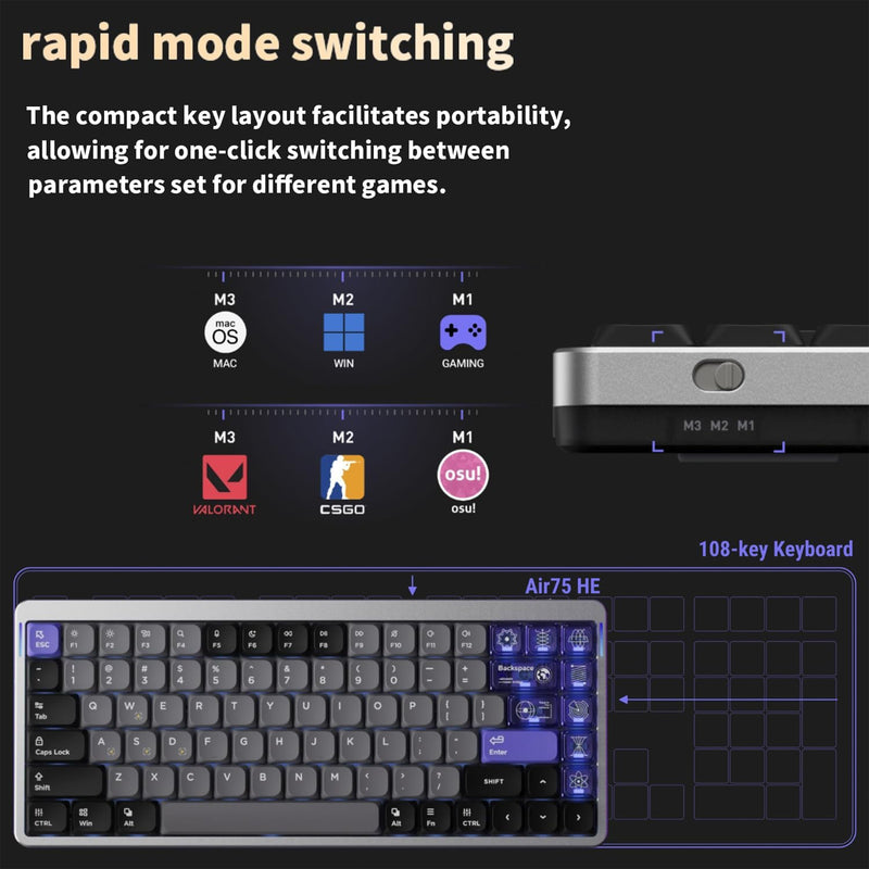 NuPhy Air75 HE Low-Profile Magnetic Jade Switch 84-Key Wired Gaming Keyboard (Space Silver)