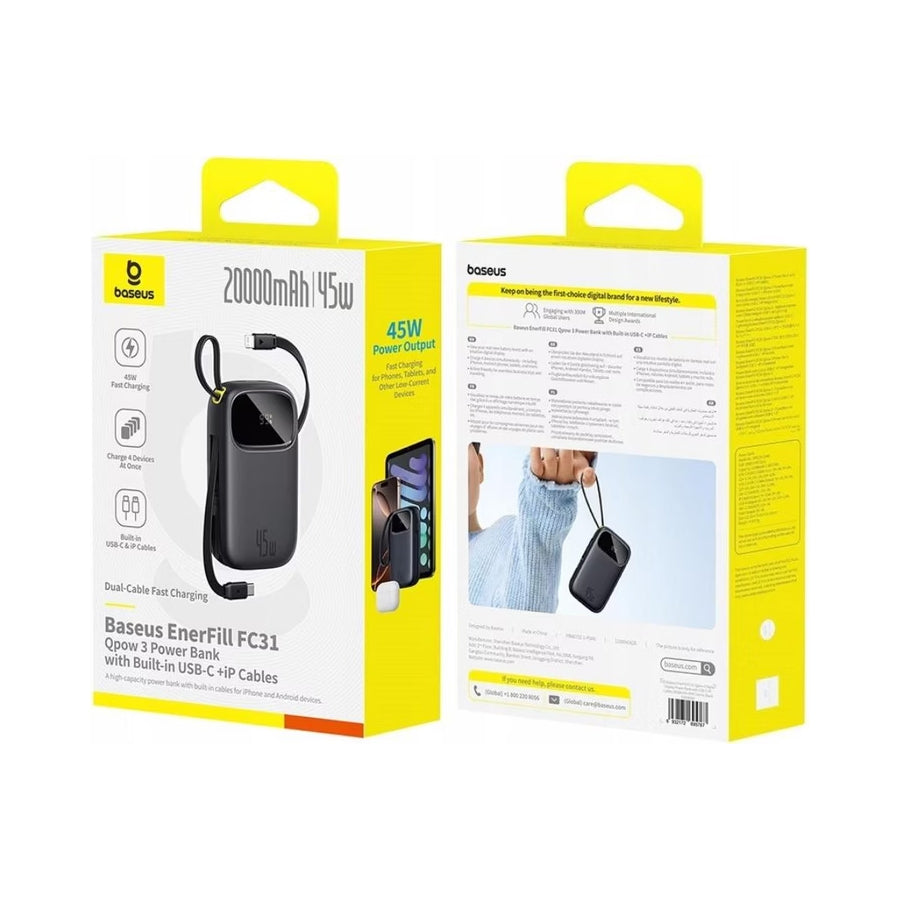 Baseus EnerFill FC31 Qpow 3 Digital Display Power Bank with Built-in USB-C + iP Cable 20000mAh 45W