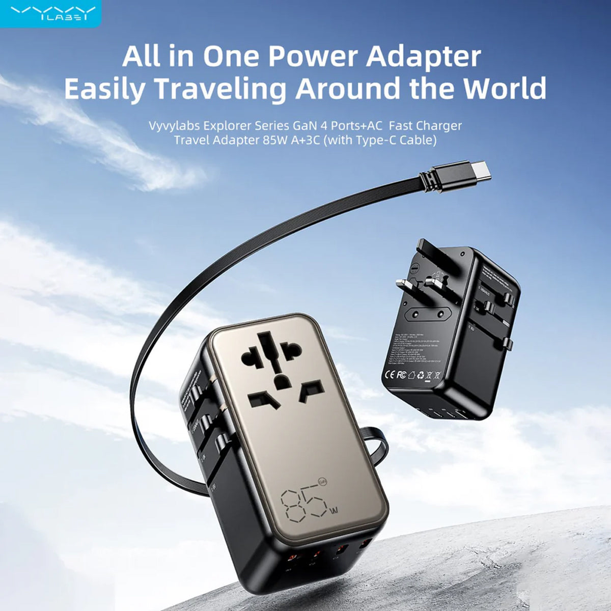 Vyvylabs Explorer Series GaN 4 Ports+AC Fast Charger Travel Adapter 85W A+3C with Type-C Cable