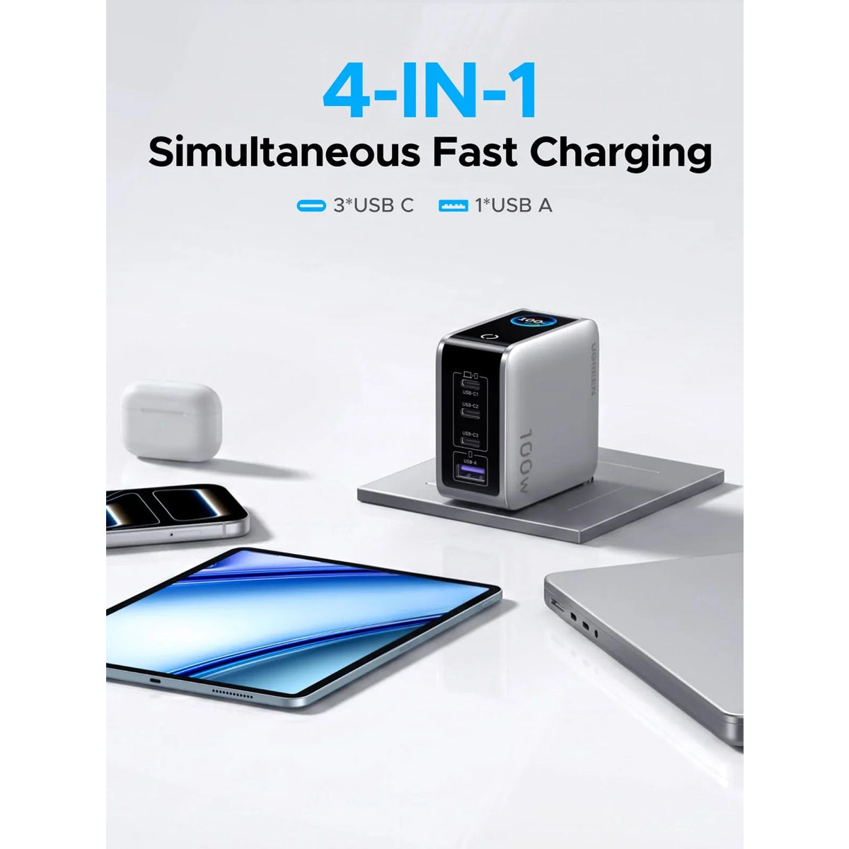 Ugreen Nexode Pro 100W 4-Port 3xUSB-C + 1xUSB-A GaN Fast Charger with Smart Display (Silver)