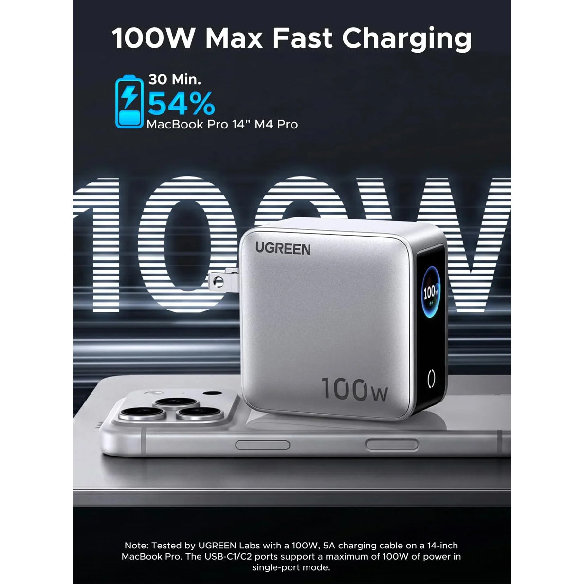 Ugreen Nexode Pro 100W 4-Port 3xUSB-C + 1xUSB-A GaN Fast Charger with Smart Display (Silver)