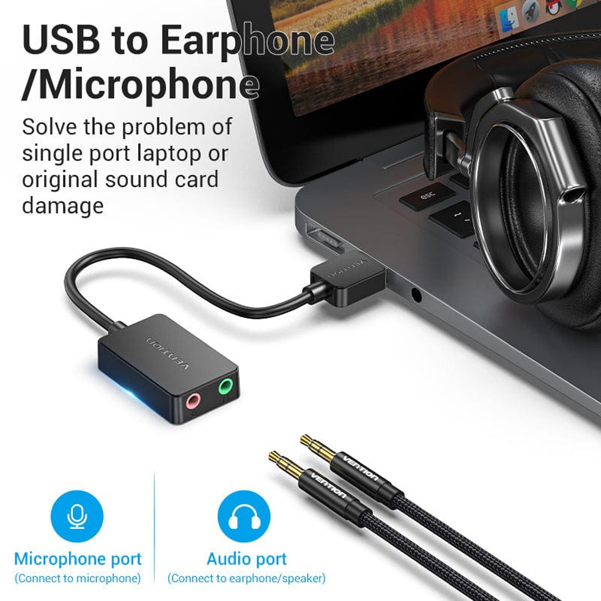 Vention 2-Port USB External Sound Card - USB-A to TRS 3.5mm x 2 - 0.15M (Black) (CDYB0)