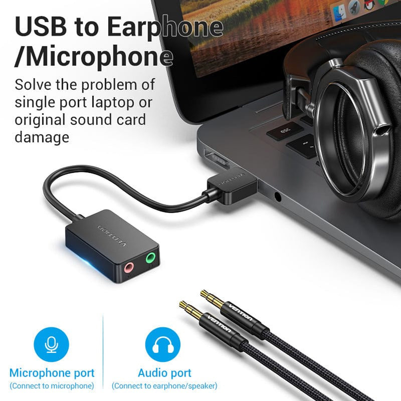 Vention 2-Port USB External Sound Card - USB-A to TRS 3.5mm x 2 - 0.15M (Black) (CDYB0)