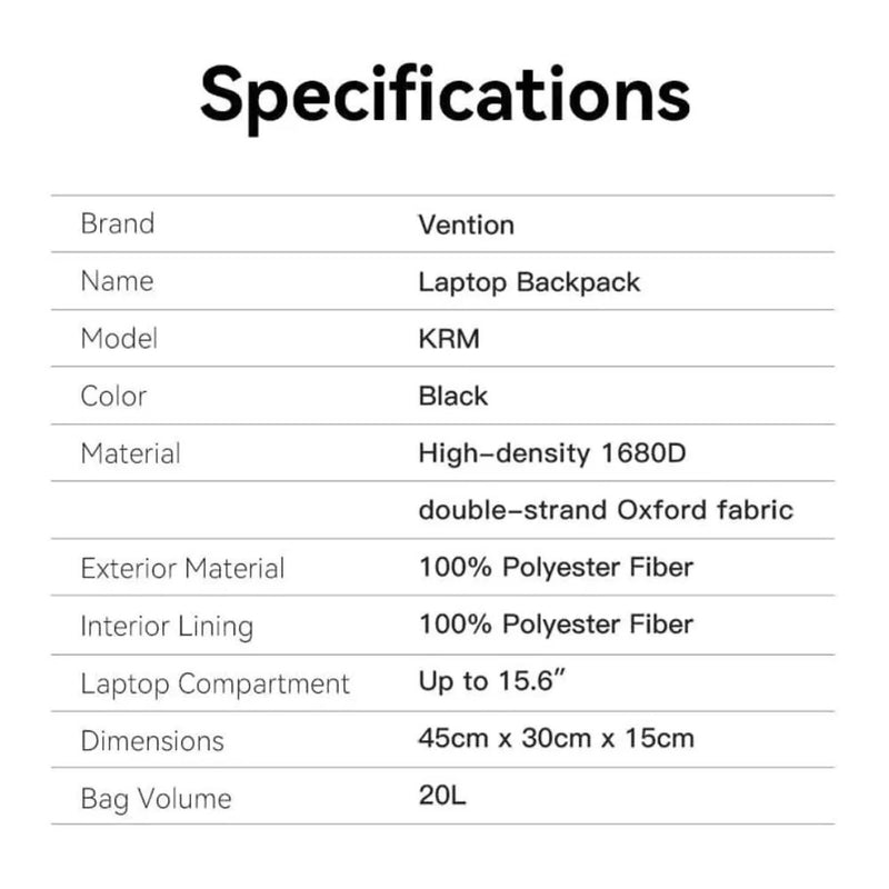 Vention Water-Repellent Laptop Backpack - 20L (Black) (KRMB0)
