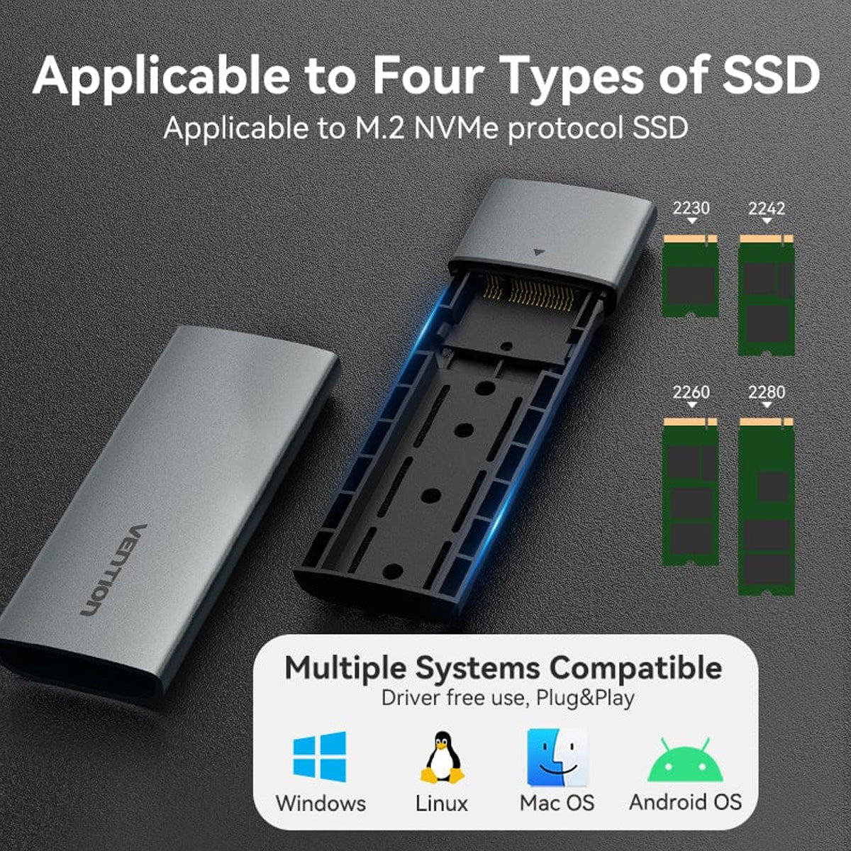 Vention M.2 NVMe SSD Enclosure - USB 3.1 Gen 2-C Gray Aluminum Alloy Type (KPGH0)