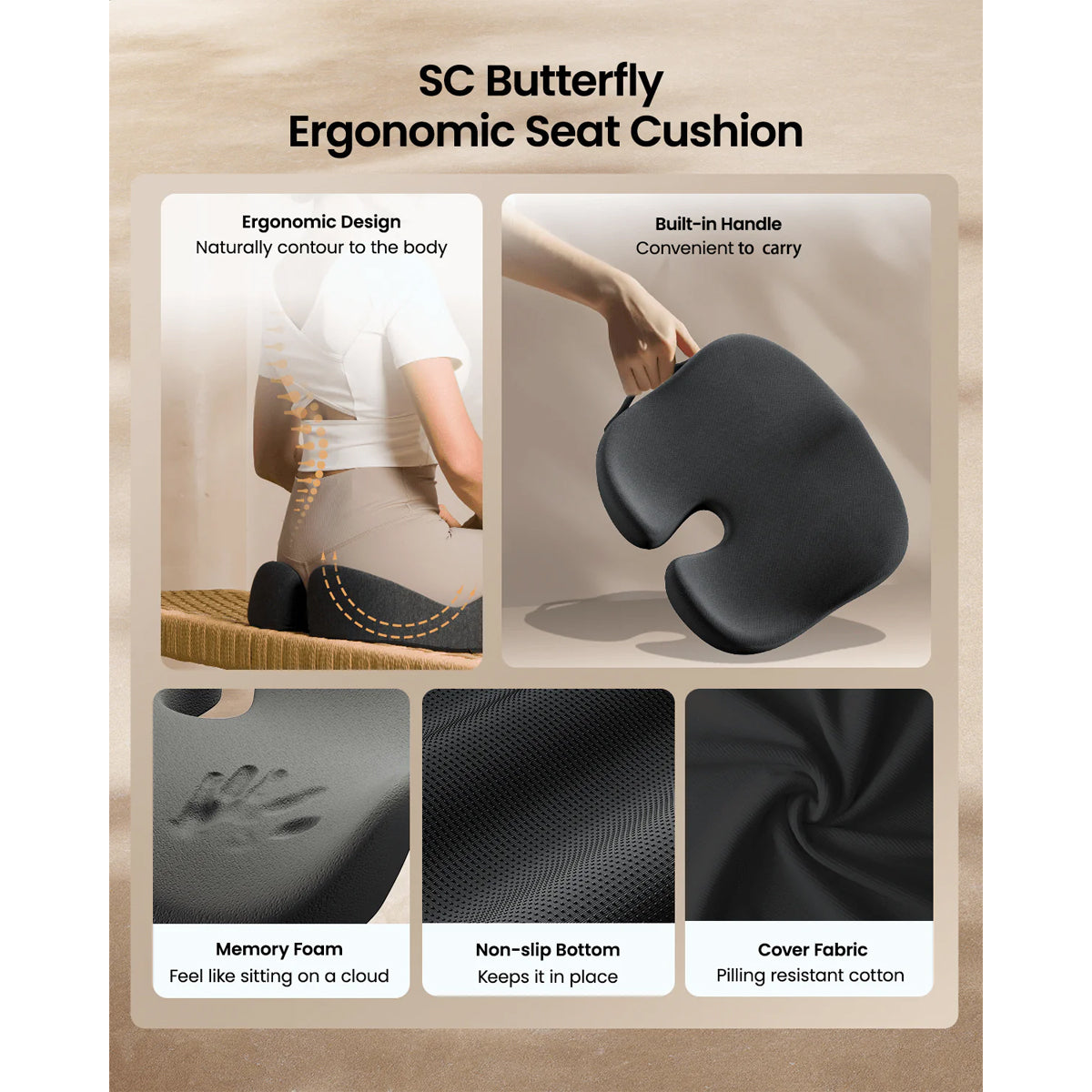 ProtoArc SC Butterfly Ergonomic Seat Cushion (Black) (CP015313)